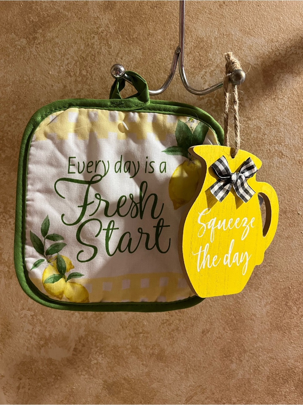 Fresh Start Lemon Kitchen Potholder with Yellow Pitcher Hanging Sign